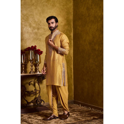 HISTORI Chanderi Men Mustard Embroidered Kurta with Dhoti