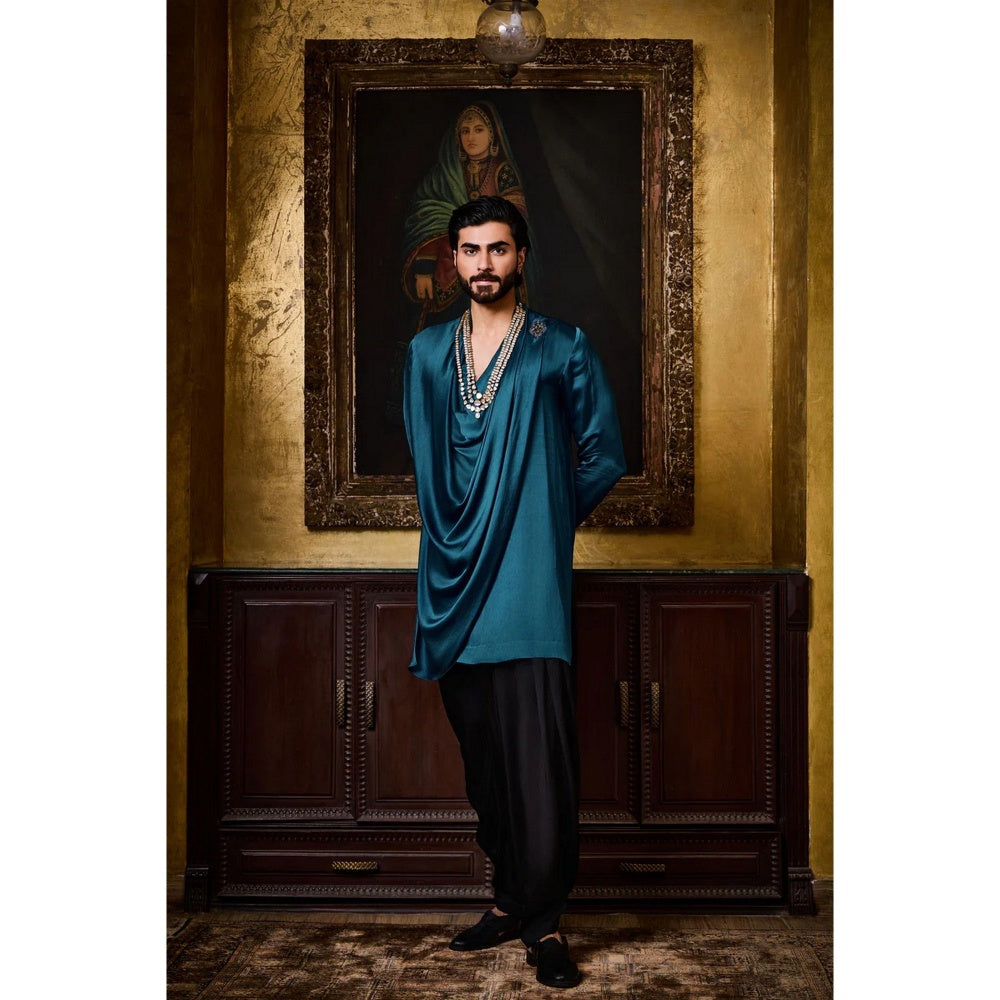 HISTORI Satin Men Blue Embellished Kurta with Salwar