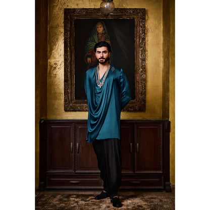 HISTORI Satin Men Blue Embellished Kurta with Salwar