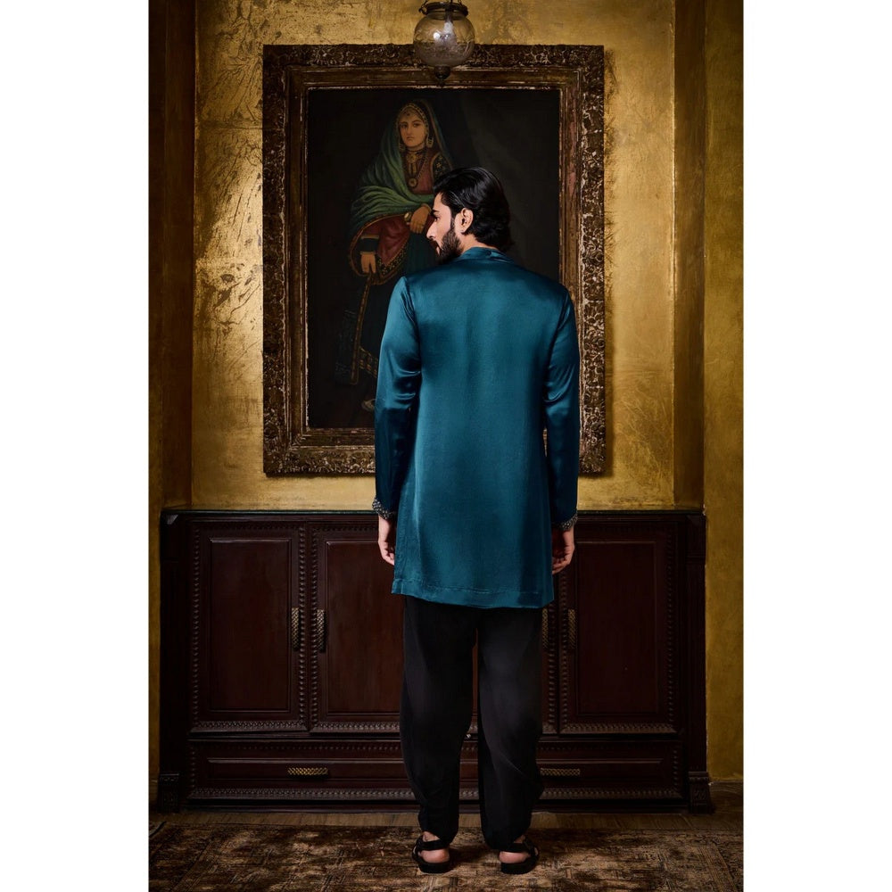 HISTORI Satin Men Blue Embellished Kurta with Salwar