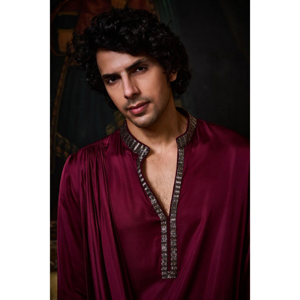 HISTORI Satin Men Burgundy Embellished Kurta with Salwar