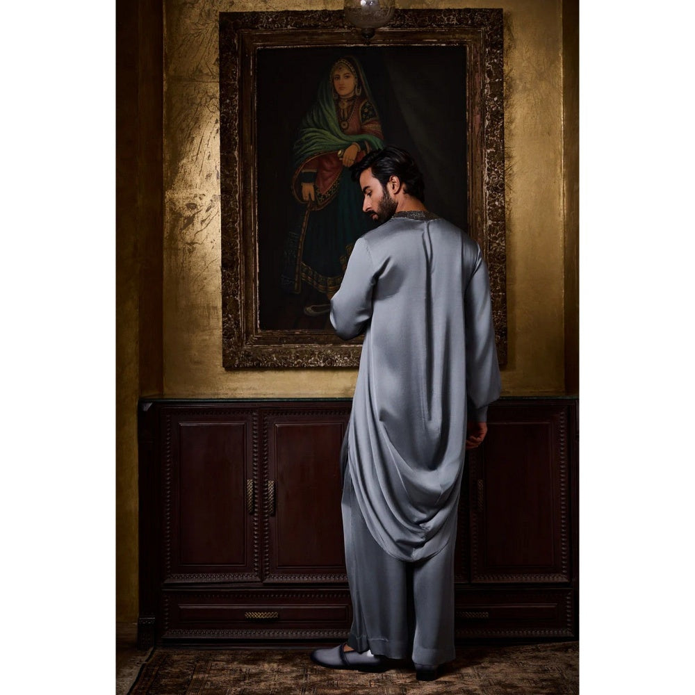 HISTORI Satin Men Grey Embellished Kurta with Pyjama