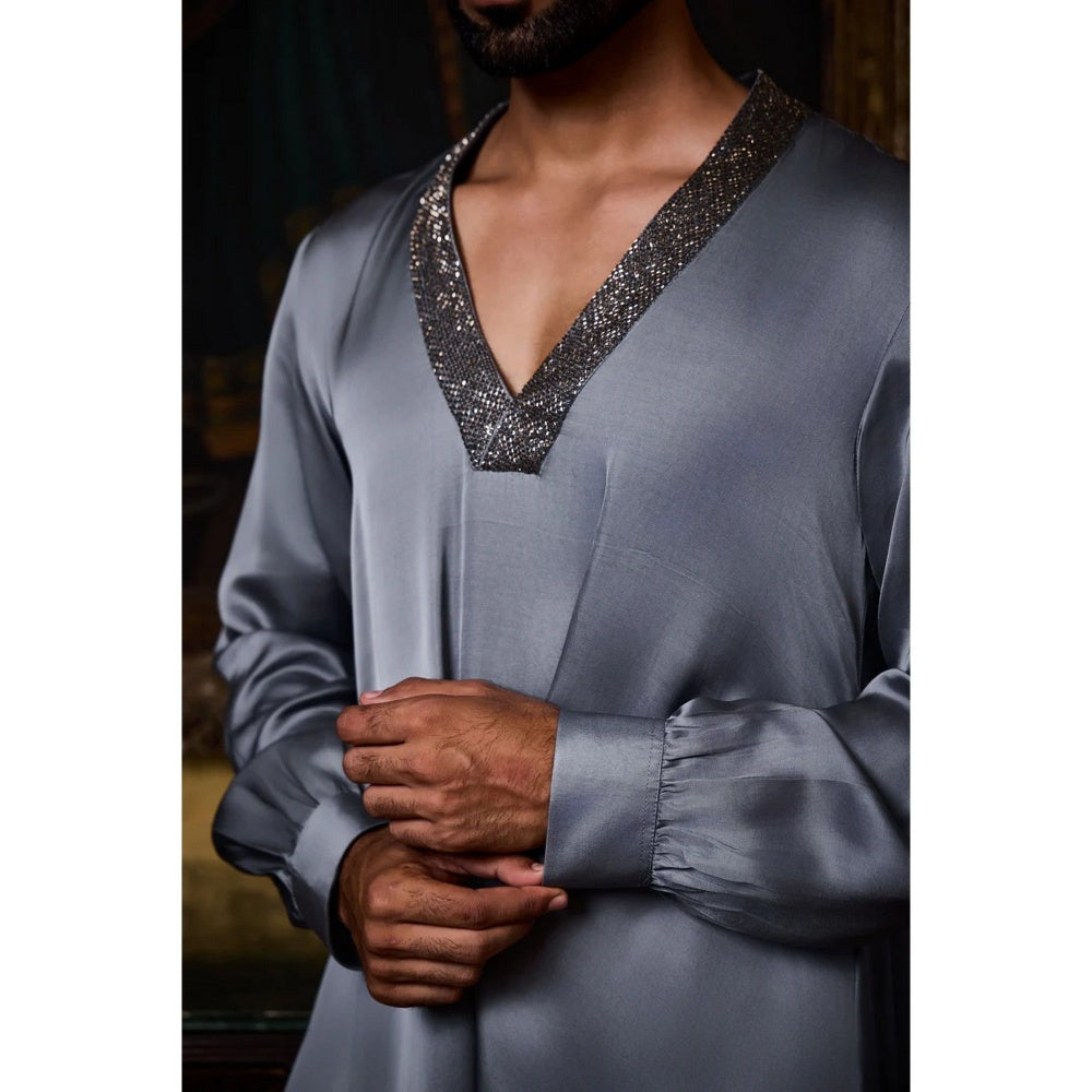 HISTORI Satin Men Grey Embellished Kurta with Pyjama