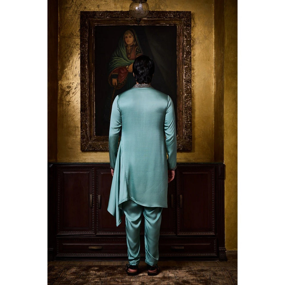 HISTORI Satin Men Green Embellished Kurta with Salwar