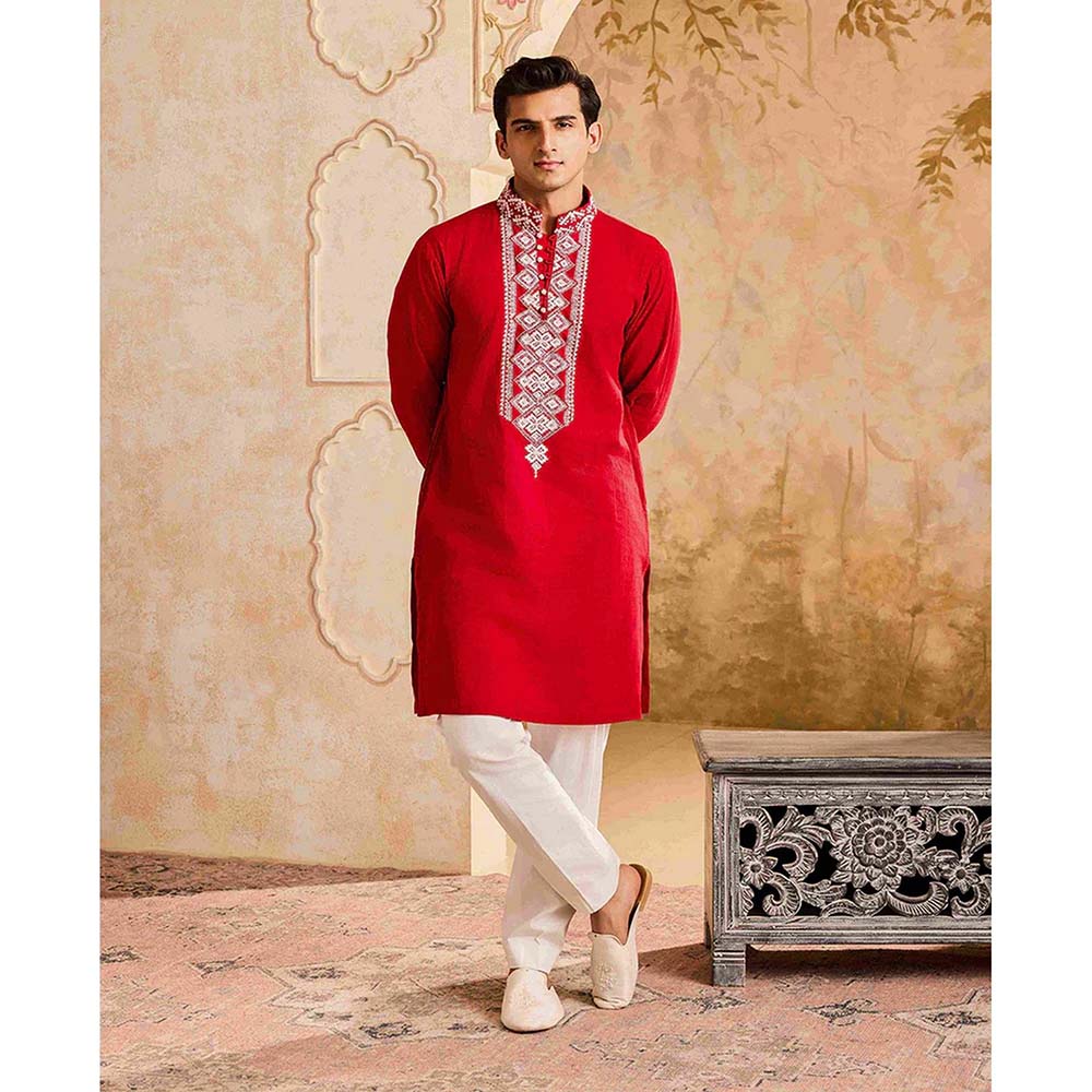 HISTORI Linen Men Red Embroidered Kurta with Pant