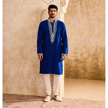 HISTORI Linen Men Blue Embroidered Kurta with Churidar