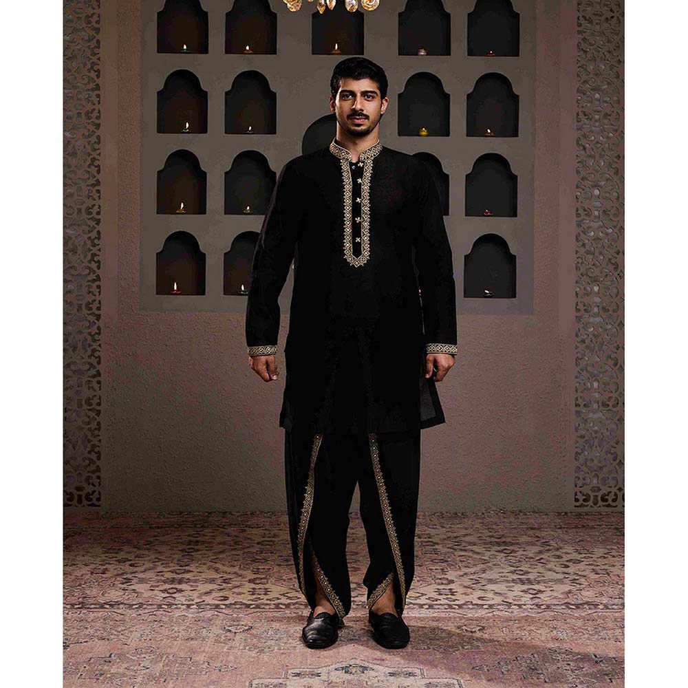 HISTORI Cotton Silk Men Black Embroidered Kurta with Dhoti