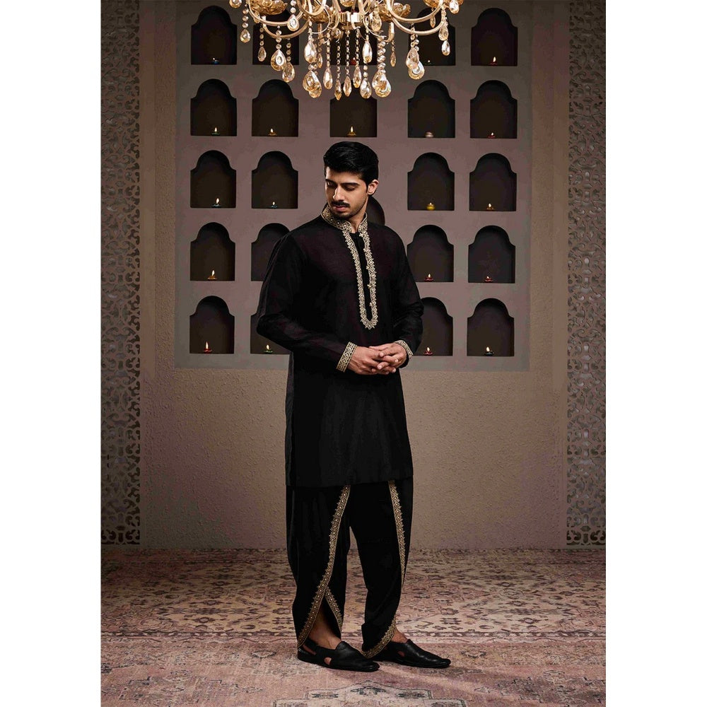 HISTORI Cotton Silk Men Black Embroidered Kurta with Dhoti