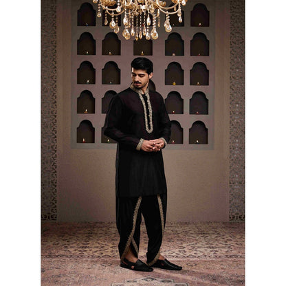 HISTORI Cotton Silk Men Black Embroidered Kurta with Dhoti