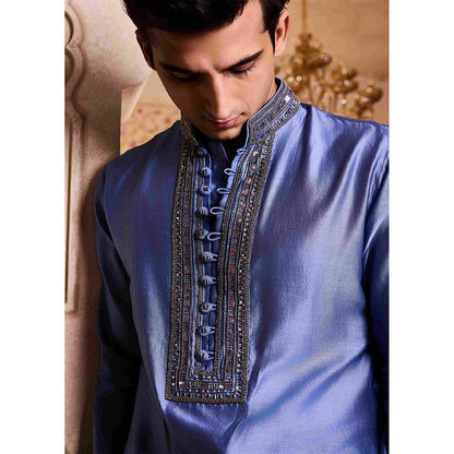 HISTORI Chanderi Men Blue Embellished Kurta with Churidar