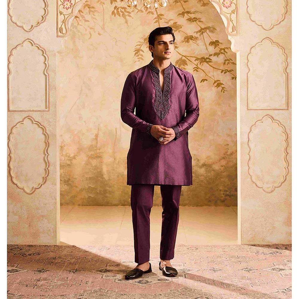 HISTORI Chanderi Men Wine Embellished Kurta with Trouser