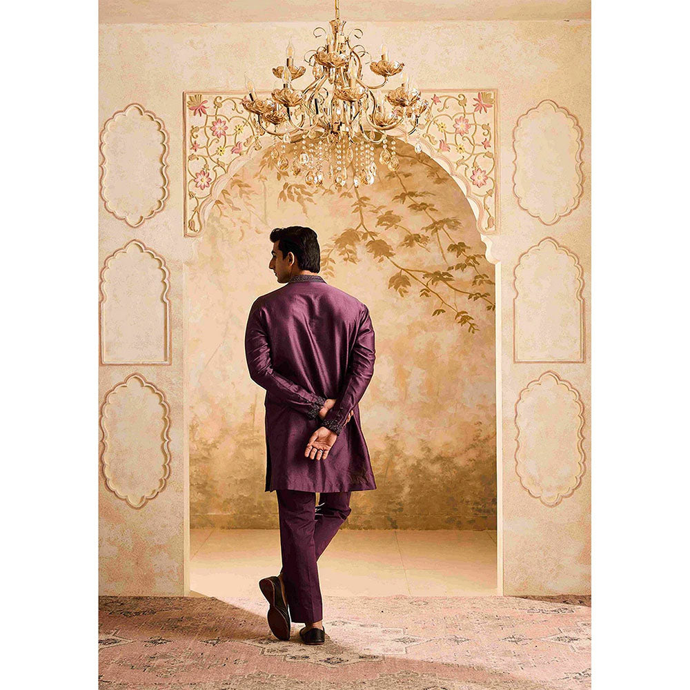 HISTORI Chanderi Men Wine Embellished Kurta with Trouser