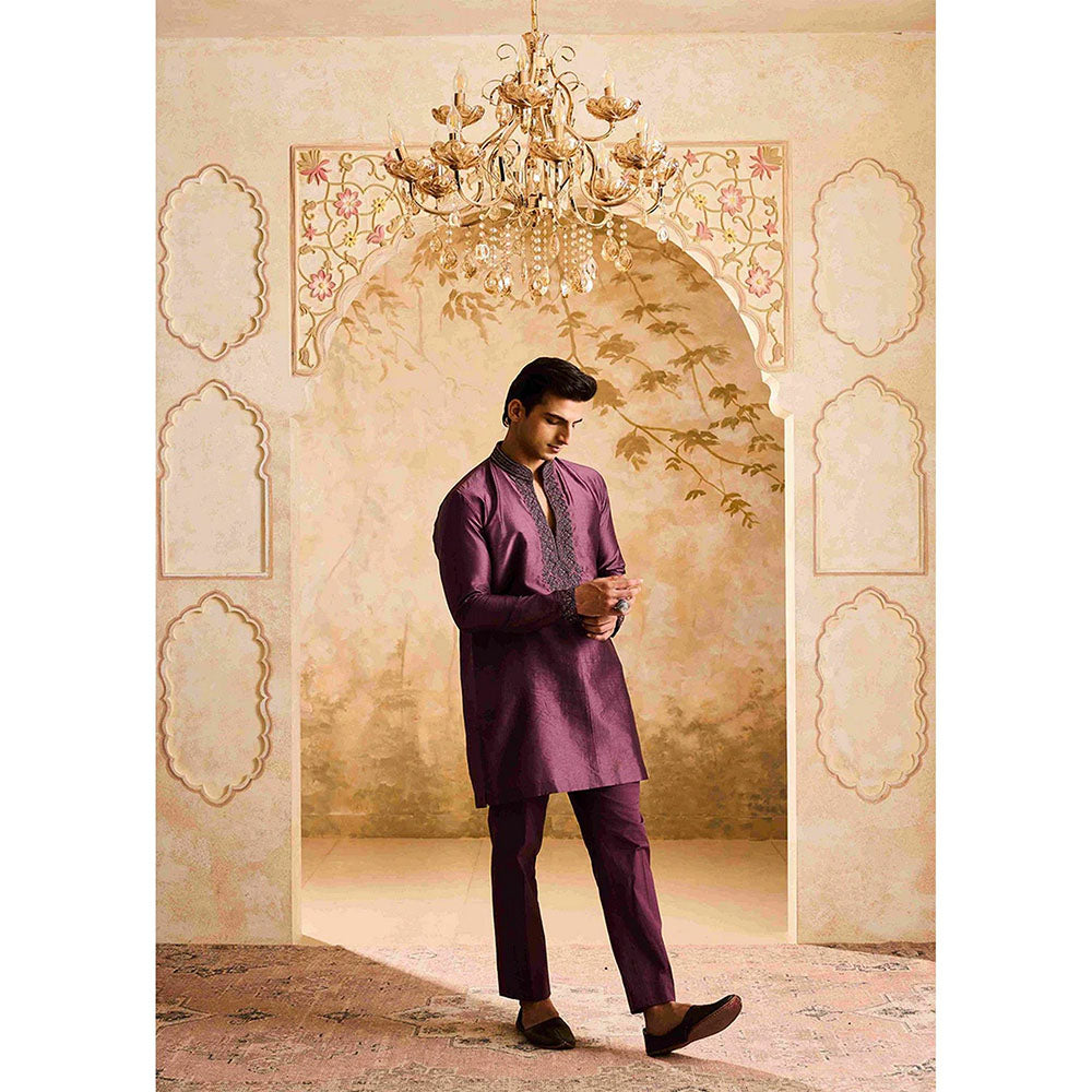 HISTORI Chanderi Men Wine Embellished Kurta with Trouser