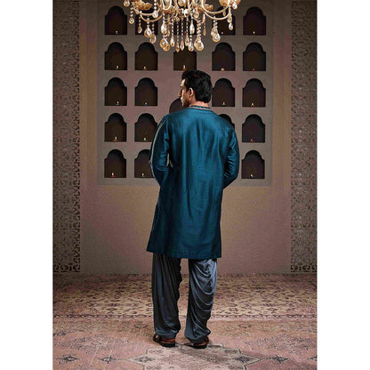 HISTORI Chanderi Men Teal Embellished Kurta with Salwar