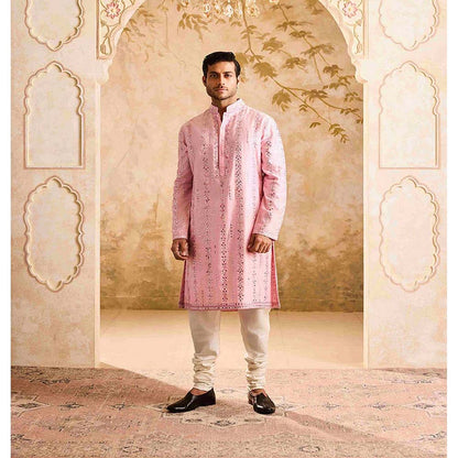 HISTORI Chanderi Men Pink Embroidered Kurta with Churidar