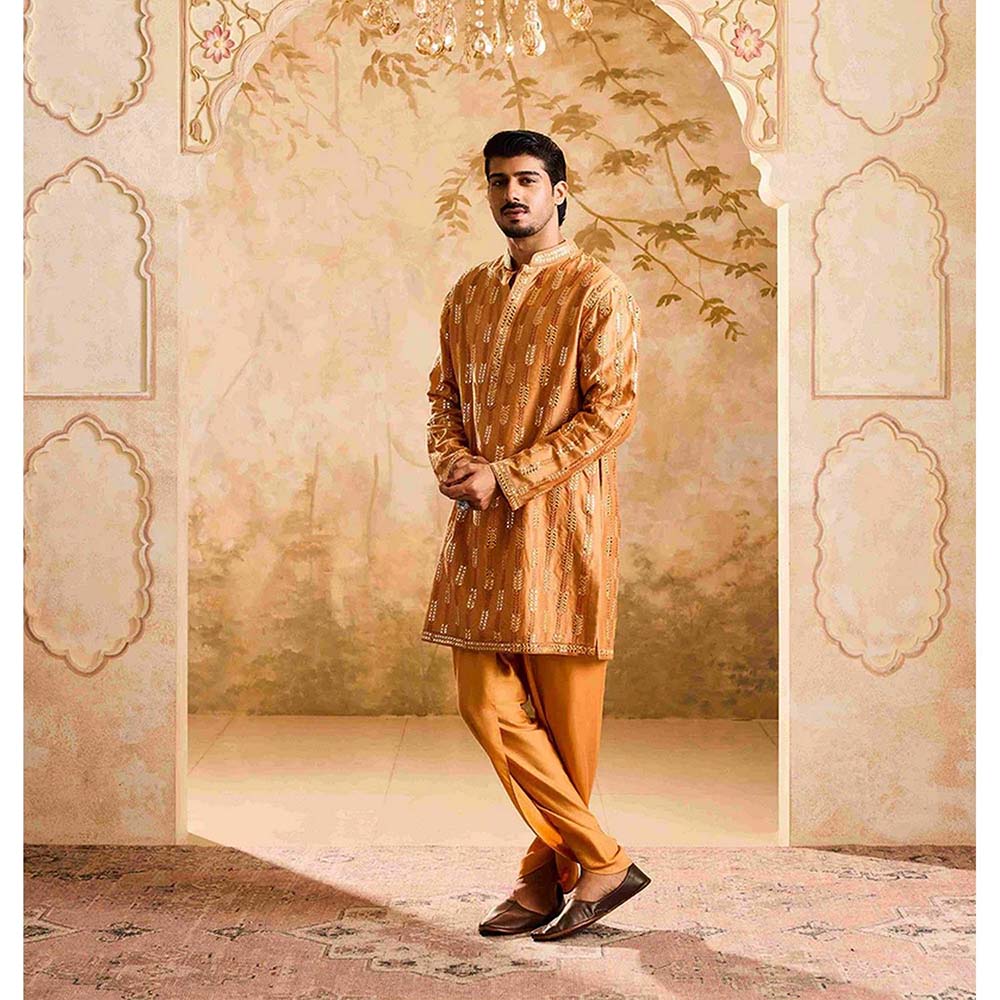 HISTORI Chanderi Men Rust Embroidered Kurta with Salwar