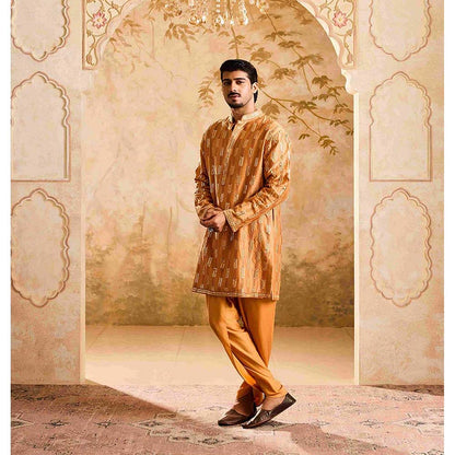 HISTORI Chanderi Men Rust Embroidered Kurta with Salwar
