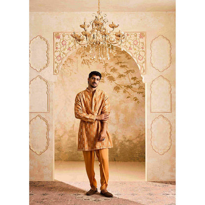 HISTORI Chanderi Men Rust Embroidered Kurta with Salwar