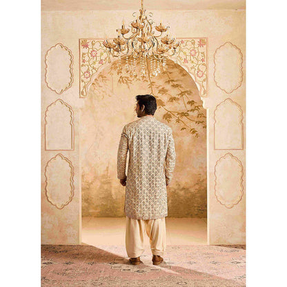 HISTORI Cotton Silk Men Beige Embroidered Kurta with Salwar
