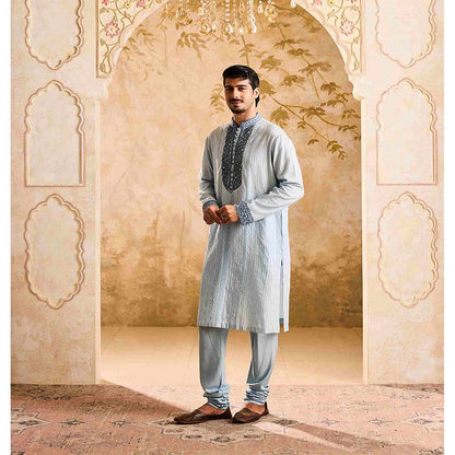 HISTORI Cotton Silk Men Blue Embroidered Kurta with Churidar