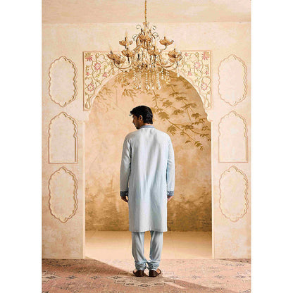 HISTORI Cotton Silk Men Blue Embroidered Kurta with Churidar