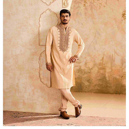 HISTORI Cotton Silk Men Beige Embroidered Kurta with Churidar