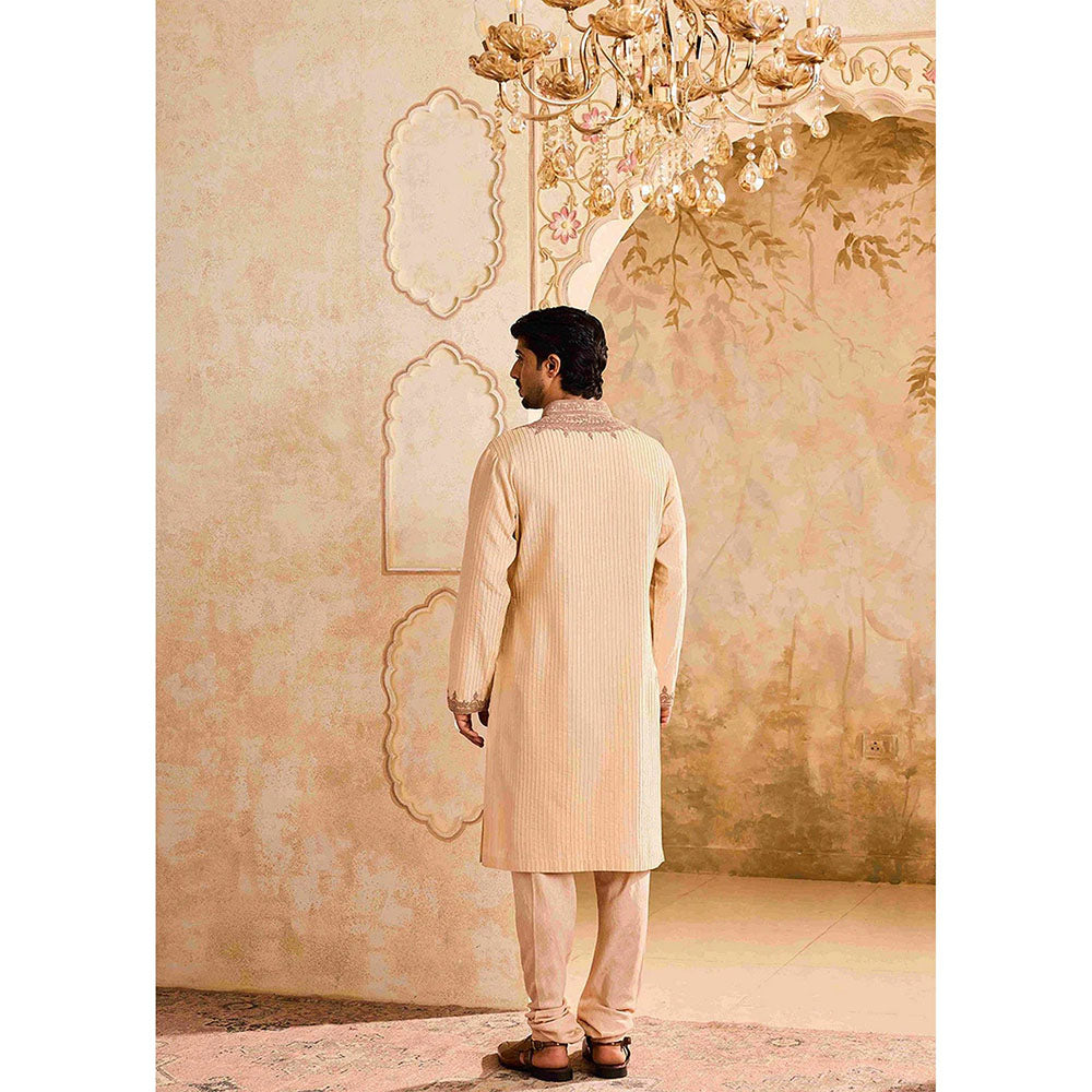 HISTORI Cotton Silk Men Beige Embroidered Kurta with Churidar