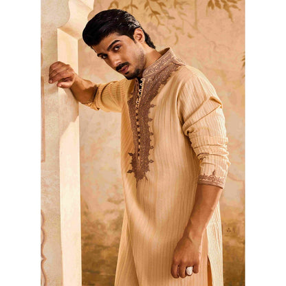 HISTORI Cotton Silk Men Beige Embroidered Kurta with Churidar