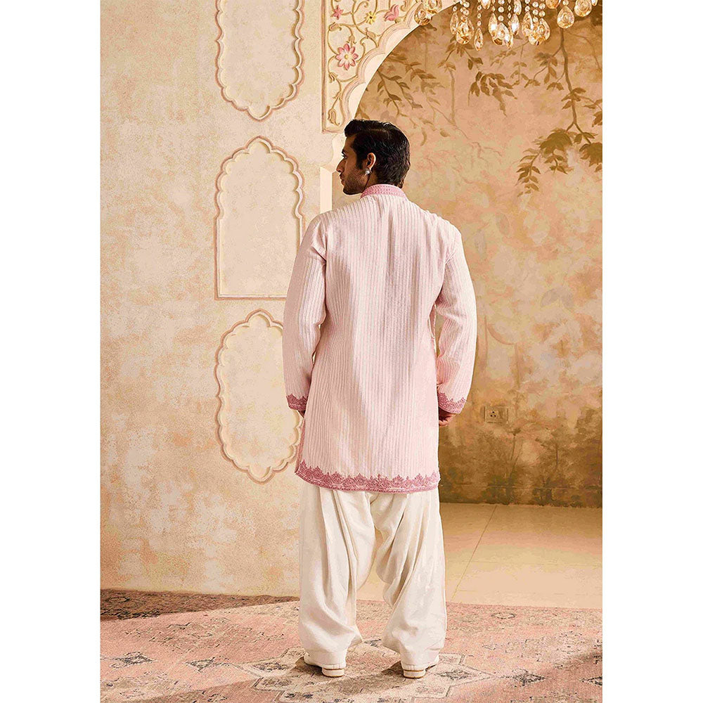 HISTORI Cotton Silk Men Pink Embroidered Kurta with Salwar