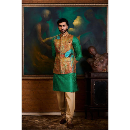 HISTORI Cotton Silk Men Rust Abstract Nehru Jacket and Kurta with Churidar