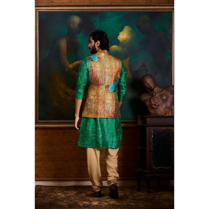 HISTORI Cotton Silk Men Rust Abstract Nehru Jacket and Kurta with Churidar
