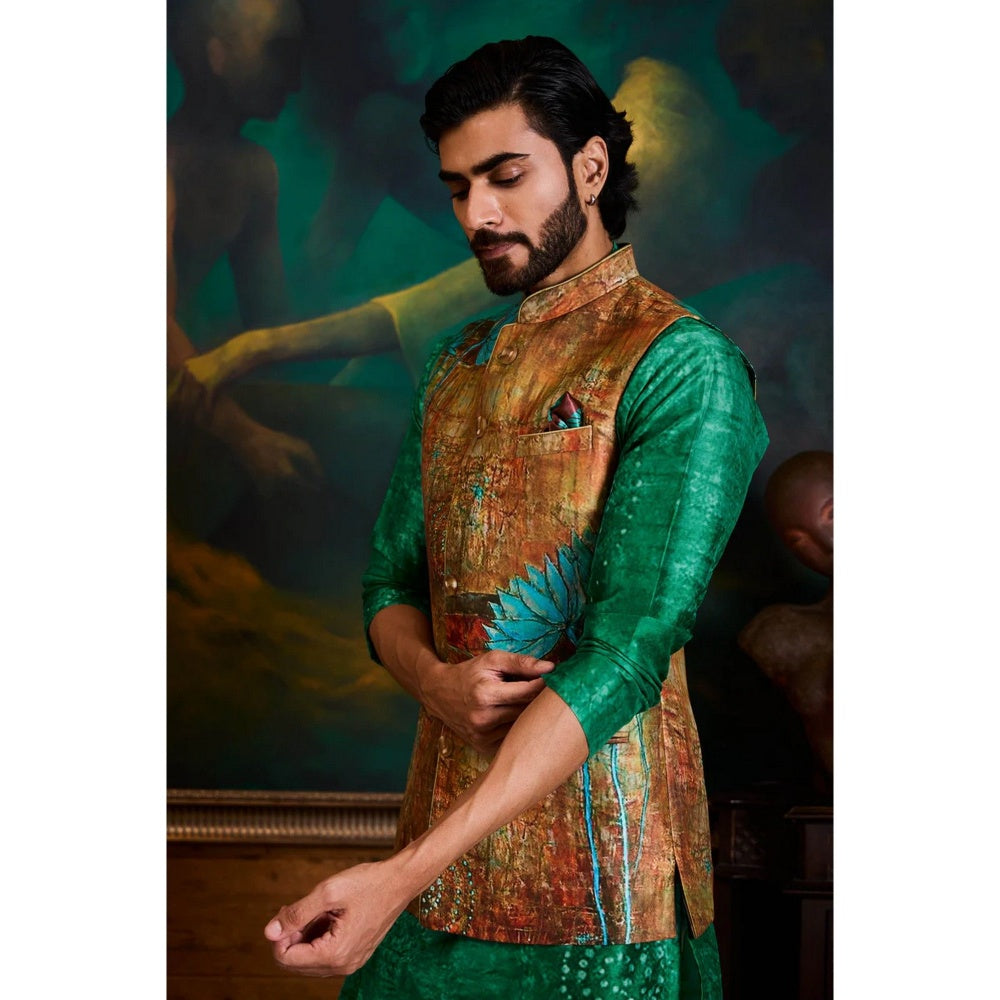 HISTORI Cotton Silk Men Rust Abstract Nehru Jacket and Kurta with Churidar