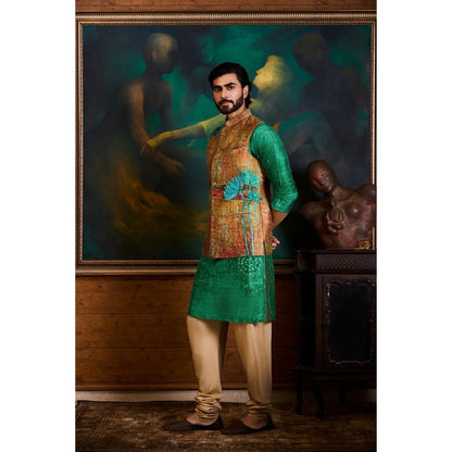 HISTORI Cotton Silk Men Rust Abstract Nehru Jacket and Kurta with Churidar