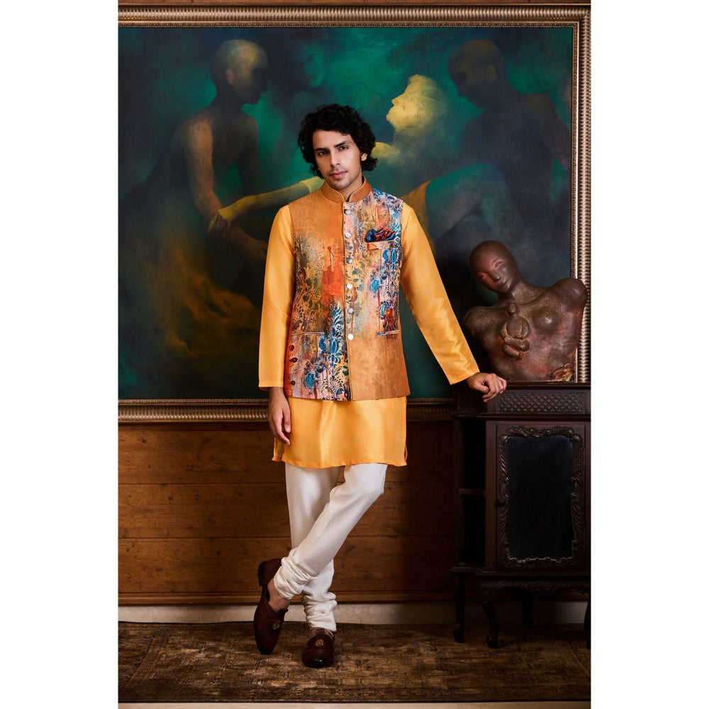 HISTORI Cotton Silk Men Yellow Floral Nehru Jacket and Kurta with Churidar