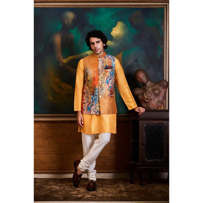 HISTORI Cotton Silk Men Yellow Floral Nehru Jacket and Kurta with Churidar