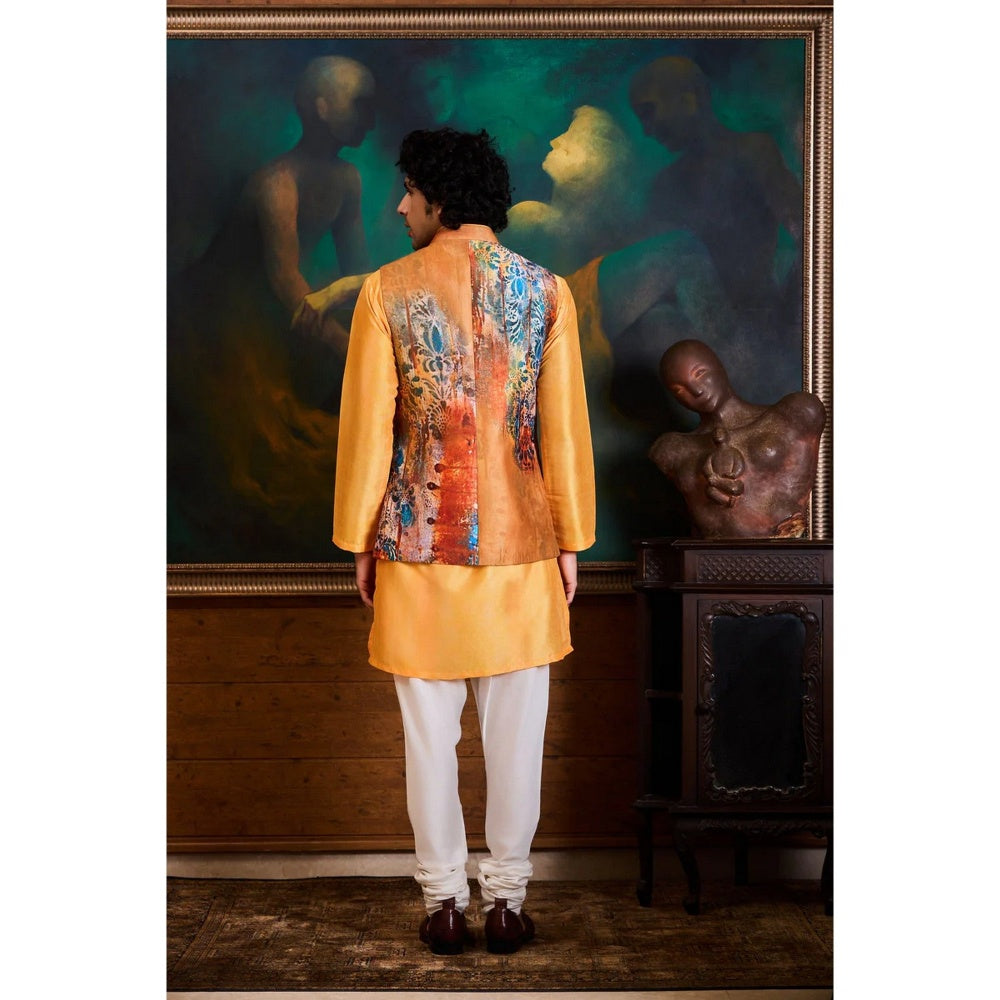 HISTORI Cotton Silk Men Yellow Floral Nehru Jacket and Kurta with Churidar