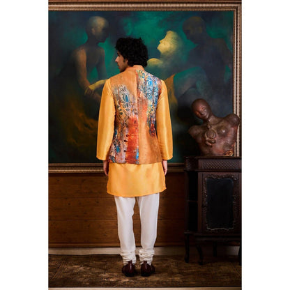 HISTORI Cotton Silk Men Yellow Floral Nehru Jacket and Kurta with Churidar