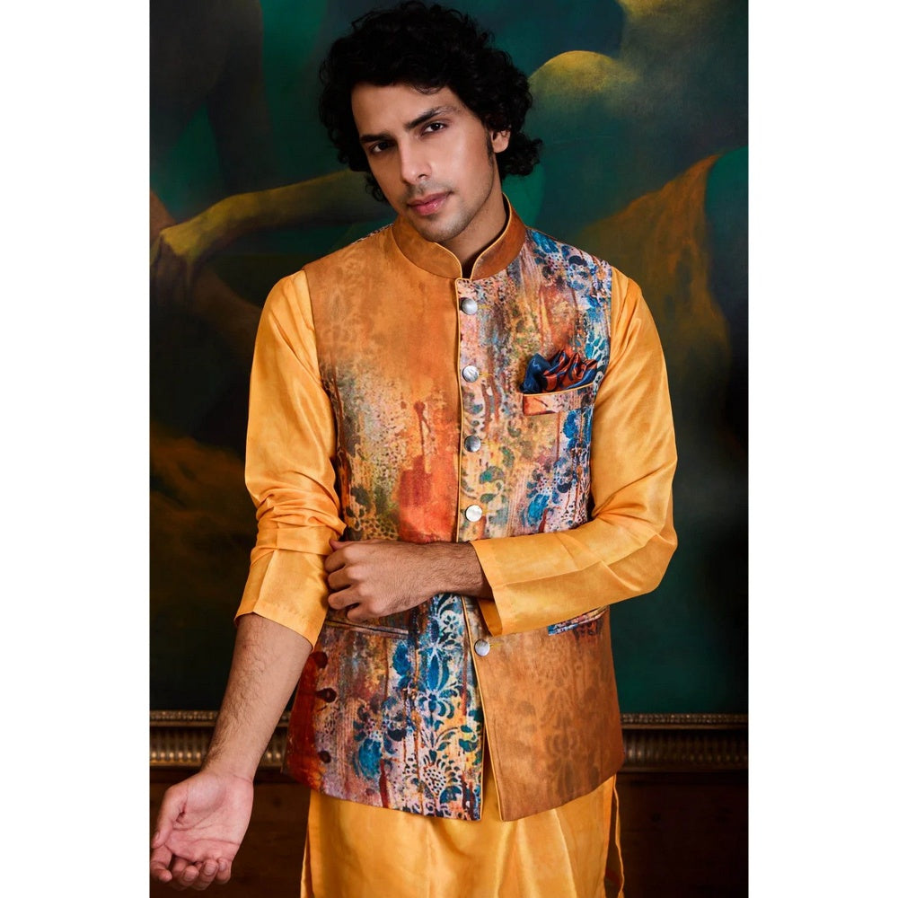 HISTORI Cotton Silk Men Yellow Floral Nehru Jacket and Kurta with Churidar