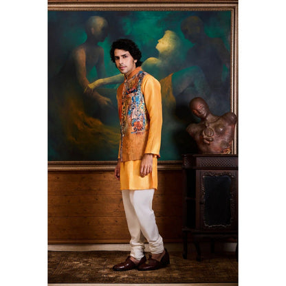 HISTORI Cotton Silk Men Yellow Floral Nehru Jacket and Kurta with Churidar