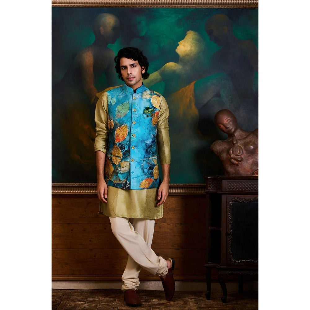 HISTORI Cotton Silk Men Teal Floral Nehru Jacket and Kurta with Churidar