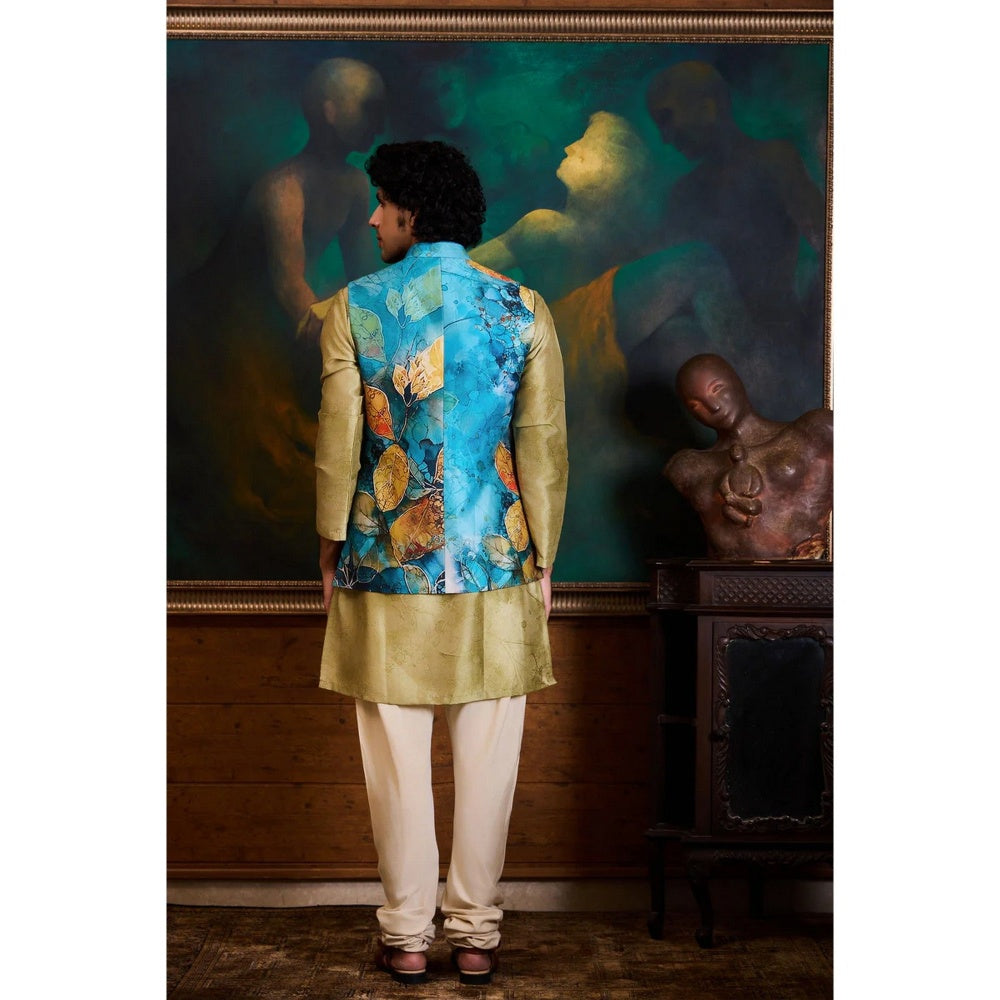 HISTORI Cotton Silk Men Teal Floral Nehru Jacket and Kurta with Churidar