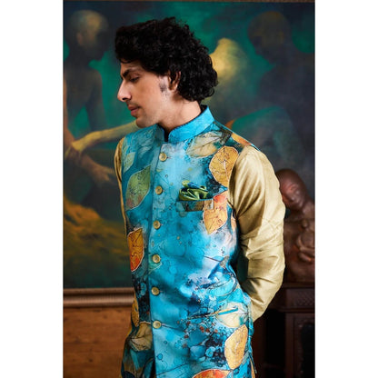 HISTORI Cotton Silk Men Teal Floral Nehru Jacket and Kurta with Churidar
