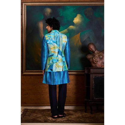 HISTORI Cotton Men Blue Abstract Nehru Jacket and Kurta with Pant