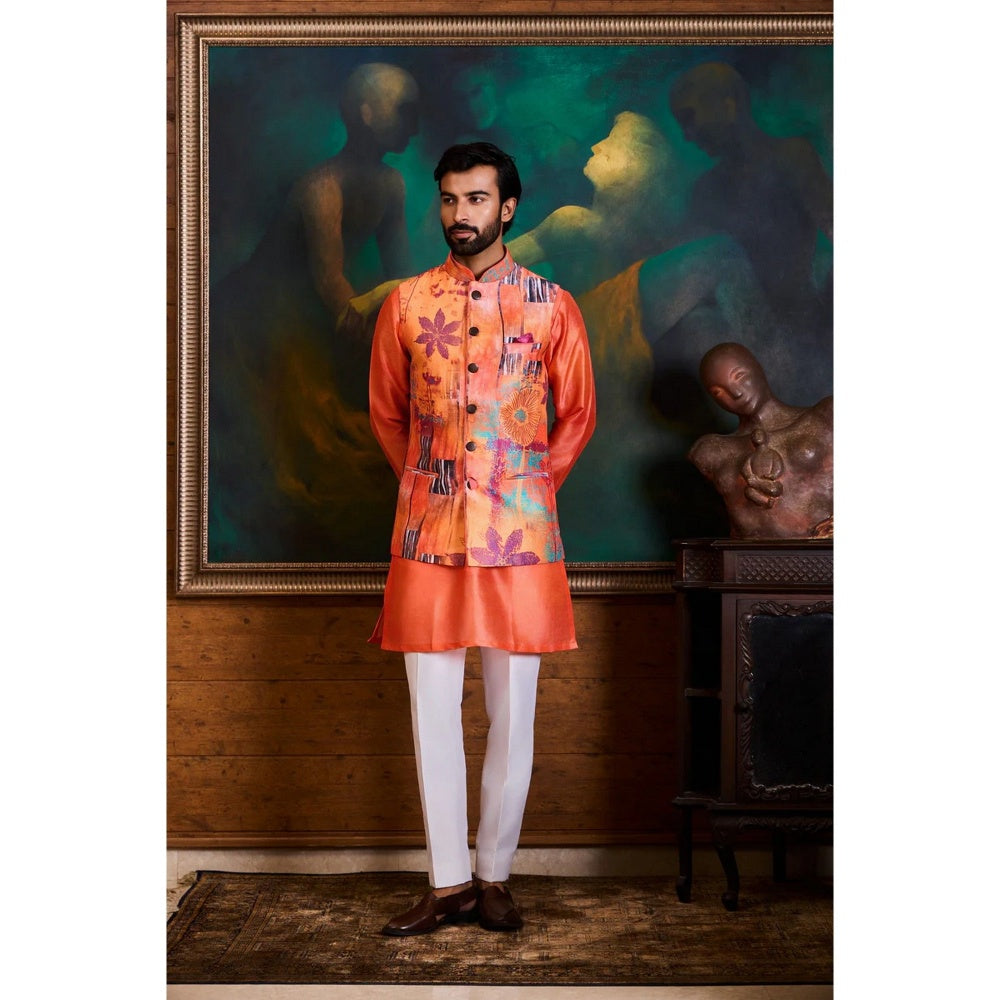 HISTORI Cotton Men Peach Floral Nehru Jacket and Kurta with Pant