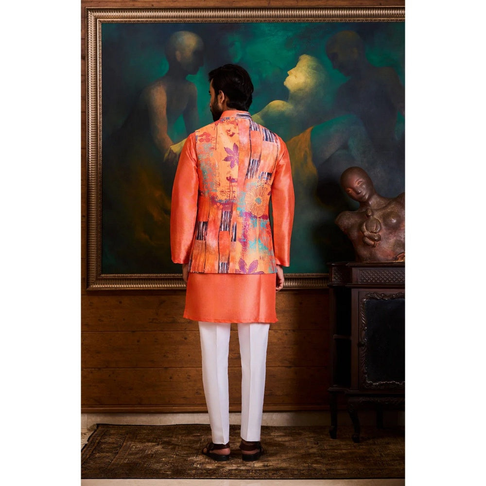 HISTORI Cotton Men Peach Floral Nehru Jacket and Kurta with Pant