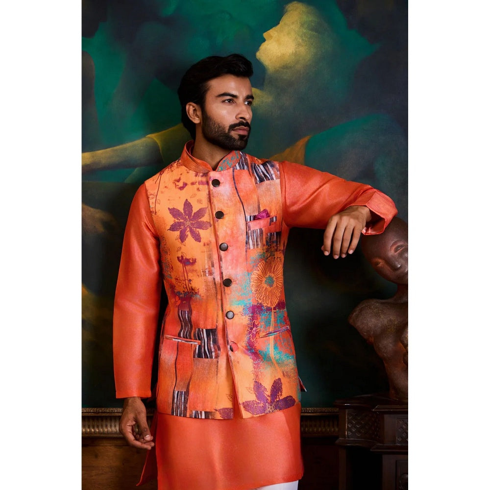 HISTORI Cotton Men Peach Floral Nehru Jacket and Kurta with Pant