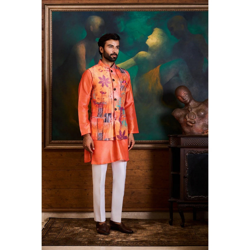 HISTORI Cotton Men Peach Floral Nehru Jacket and Kurta with Pant