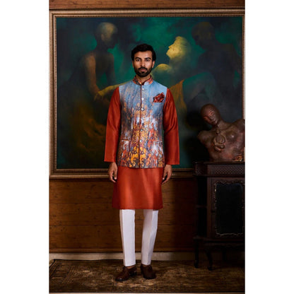 HISTORI Cotton Men Maroon Abstract Nehru Jacket and Kurta with Pant