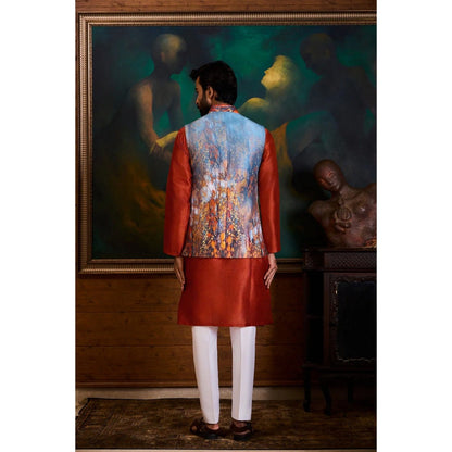 HISTORI Cotton Men Maroon Abstract Nehru Jacket and Kurta with Pant