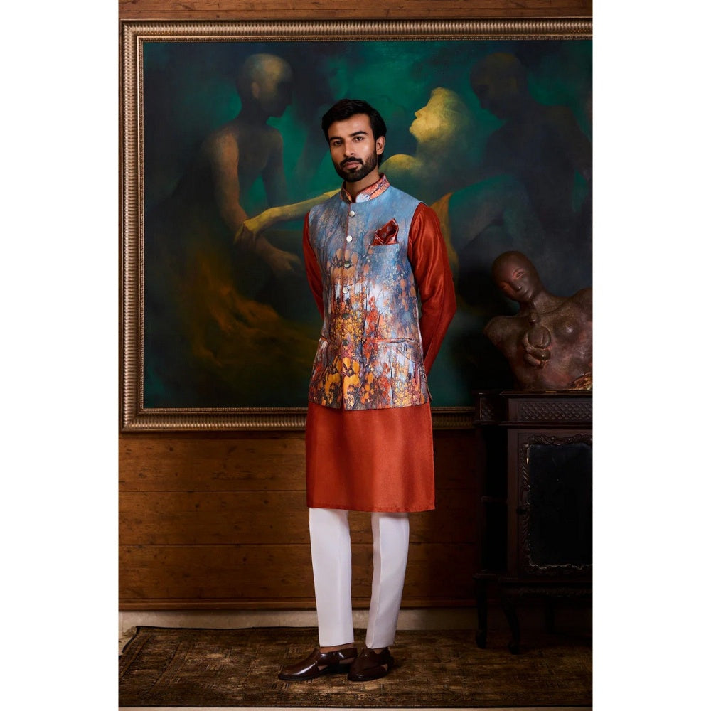 HISTORI Cotton Men Maroon Abstract Nehru Jacket and Kurta with Pant